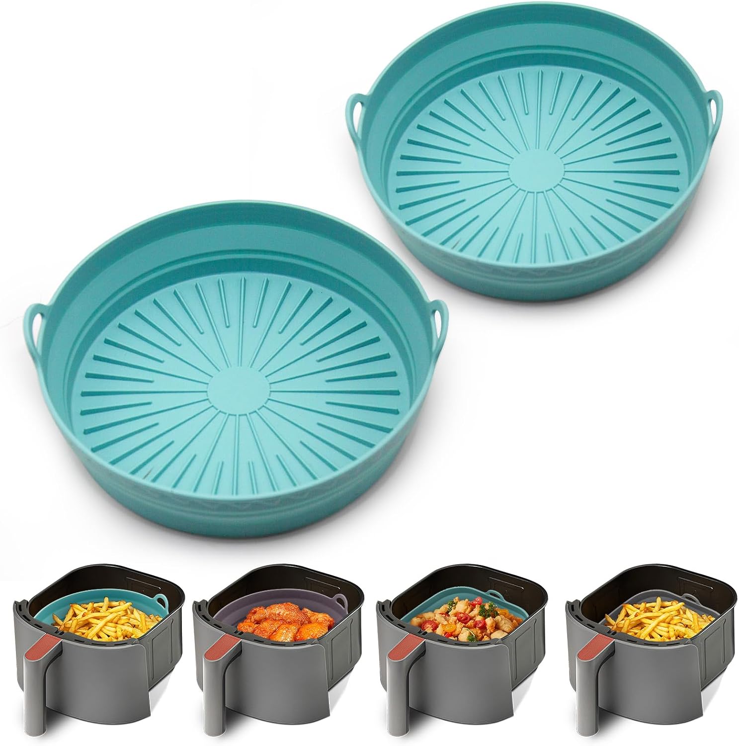 2 Runde, Blaue Silikon-einlagen Für Heißluftfritteusen – 20 Cm Durchmesser – Wiederverwendbar Und Leicht Zu Reinigen – Für 5,8–8 Liter Heißluftfritteusen Und -öfen – 2-teilig