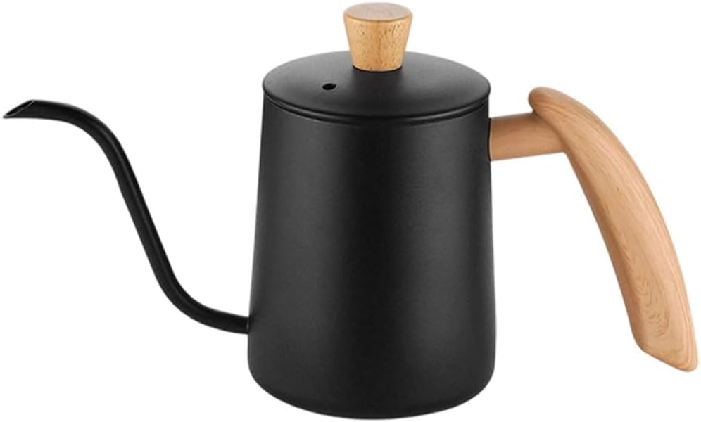 600-ml-edelstahl-teekanne Mit Langem, Dünnem Ausguss Und Holzgriff, Geeignet Für Die Zubereitung Von Kaffee Und Tee – Schwarz