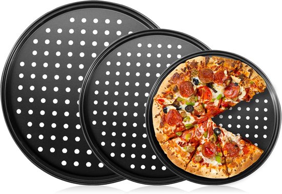 Dreiteiliges Pizzabackblech-set – Ofenfestes, Perforiertes Pizzablech – Rund – Antihaftbeschichteter Kohlenstoffstahl – Knuspriger Boden – Pizzabackblech-set (schwarz)