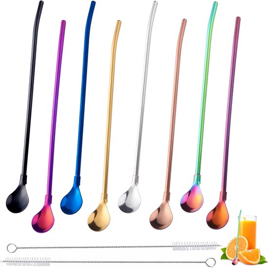 Plus: Wiederverwendbare Strohhalme Mit Löffel, 8er-set, Edelstahl, 2-in-1-strohhalm-löffel, Inklusive Reinigungsbürsten, Für Latte Macchiato Und Cocktails, 8 Farben