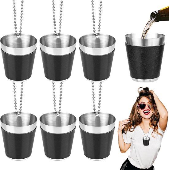 6er-set Mini-schnapsgläser Aus Edelstahl Mit Kette – 30 Ml – Tragbares Design – Ideal Für Partys, Camping Und Festivals – Schwarz Mit Lederkette – Transparent