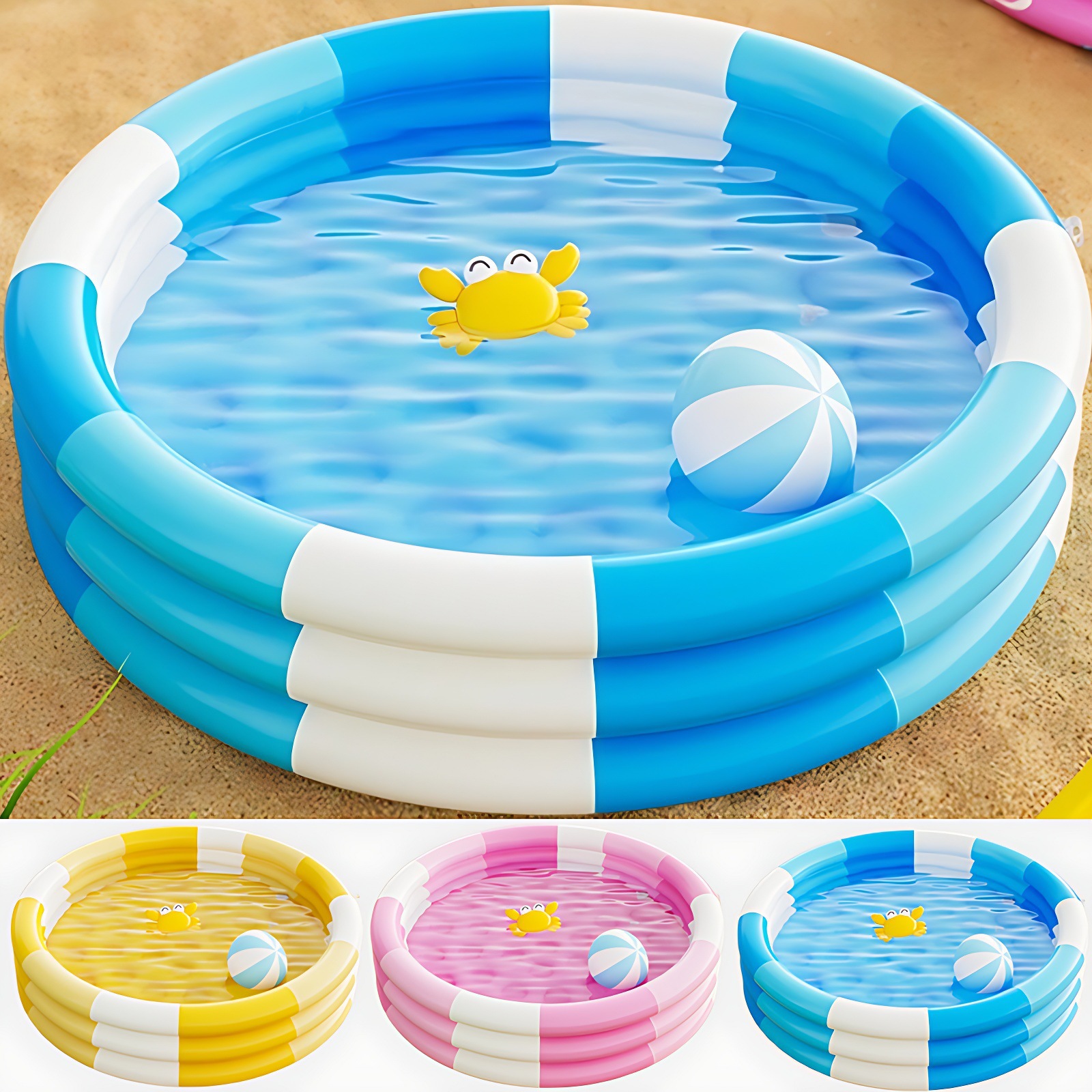Aufblasbares Kinderbecken – Rund, 3 Ringe – Gestreift – Tragbares Wasserspielzeug Für Den Sommer Im Garten