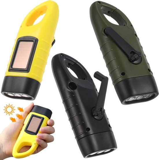 3-teiliges Notfall-taschenlampen-set Mit Kurbelmechanismus, Solar- Und Led-beleuchtung, Ohne Batterien, In Schwarz, Grün Und Gelb