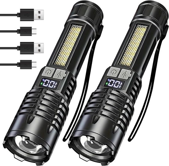 Wiederaufladbare Taschenlampe Mit Superhellem Led-display, Cob-beleuchtung Und 5 Leuchtmodi – Ideal Für Camping, Notfälle Und Zuhause.