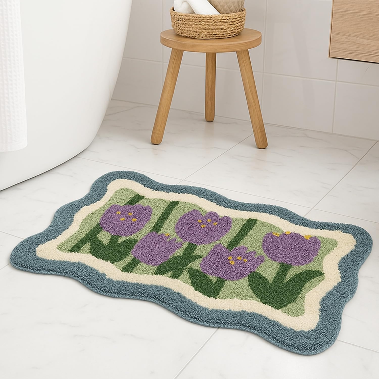 Badematte Mit Lila Tulpenmuster, Niedliche, Weiche Und Saugfähige Duschmatte Mit Blumenmuster, Rutschfeste Matte Mit Blumenmuster