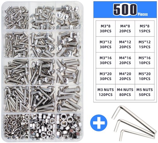 Kombinationsset - Schrauben - 500-teiliges Set Aus Edelstahlschrauben, M3/m4/m5 Rundkopfschrauben, Muttern Und Innensechskantschrauben Mit Unterlegscheiben.
