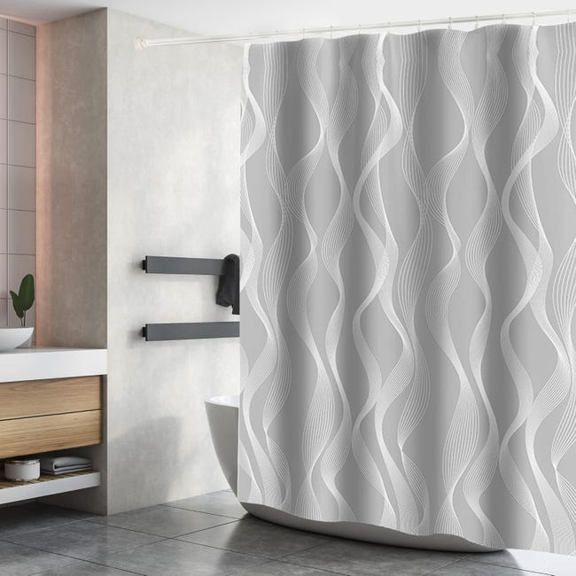 Duschvorhang Aus Polyester, 180 X 200 Cm, Wasserdichtes Material, Maschinenwaschbar, Mit 12 Haken, Grau.
