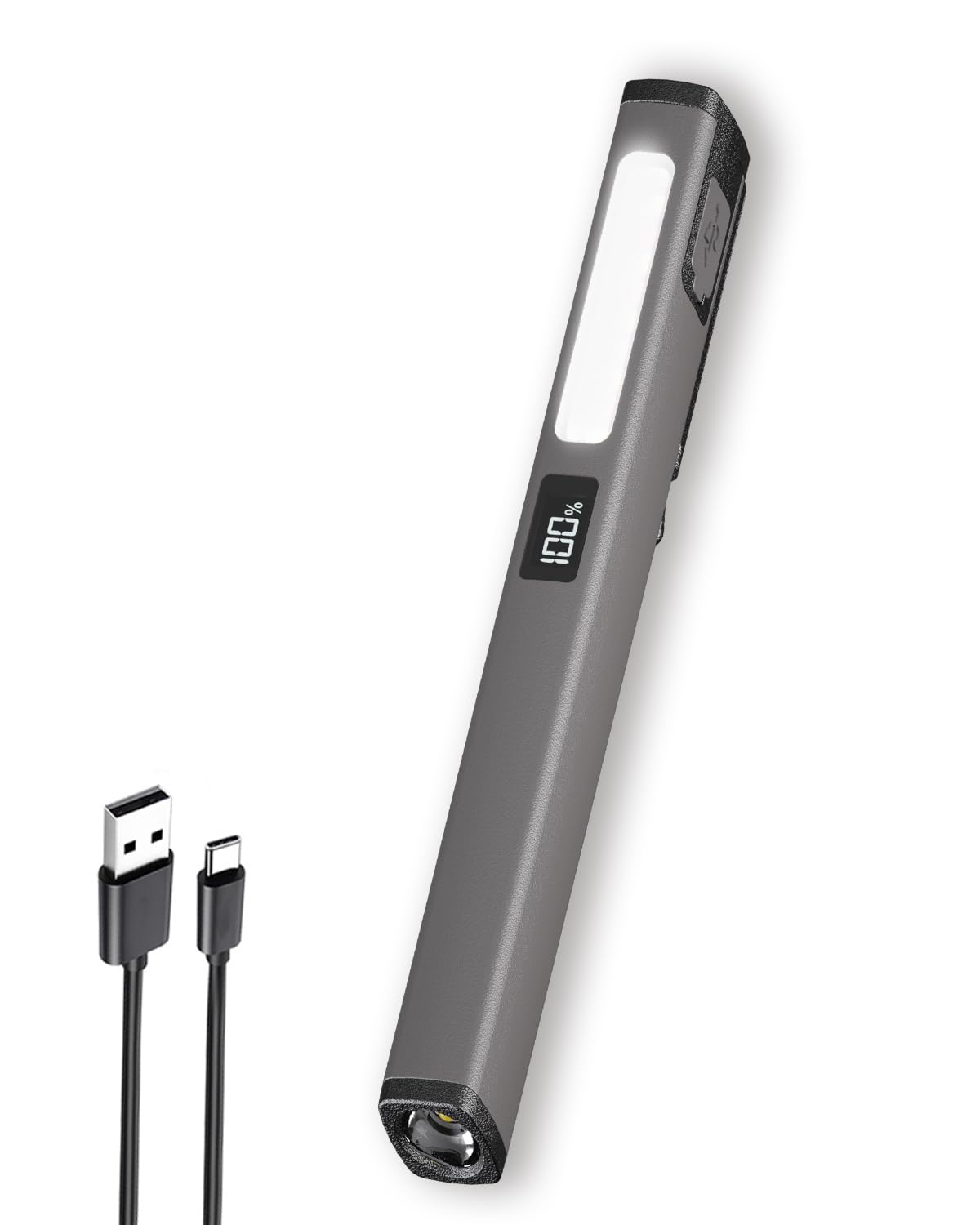 Stiftförmige Taschenlampe Mit Clip, Wiederaufladbar, Geeignet Für Camping/laufen, Grau.