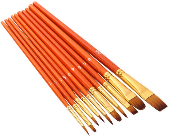 Das 10-teilige Nylonpinselset Ist Ideal Für Anfänger, Kinder, Künstler Und Malbegeisterte Und Eignet Sich Für Aquarellfarben. Die Pinsel Sind Detailliert Und In Rot Gehalten.