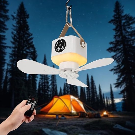 Zeltventilator – Tragbarer Deckenventilator – 4 Geschwindigkeitsstufen, Leise – Dimmbare Led-beleuchtung – 7200-mah-akku – Fernbedienung Mit Timer – Für Camping, Zelt Und Wohnmobil