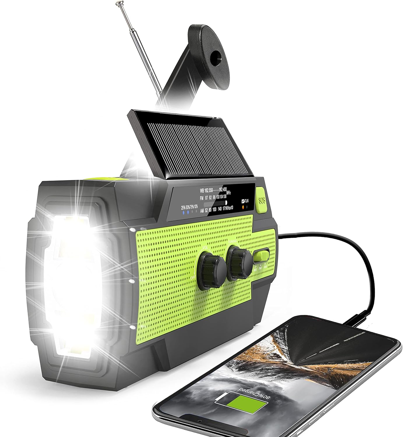 Notfall-wetterradio Für Raucher – 4000 Mah Solar-betriebenes Tragbares Am/fm-wetterradio Mit 1-watt-taschenlampe (3 Modi) Und Leselampen – 4000 M Reichweite