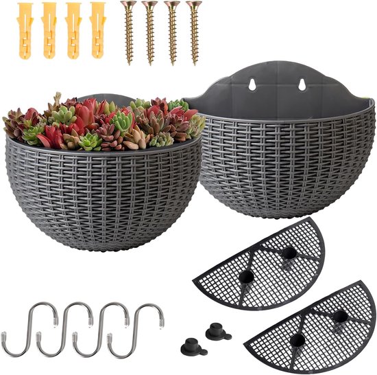 Wandblumentopf – Halbrund, Rattan-imitat – Selbstbewässernd – Silbergrau – 2er-pack L