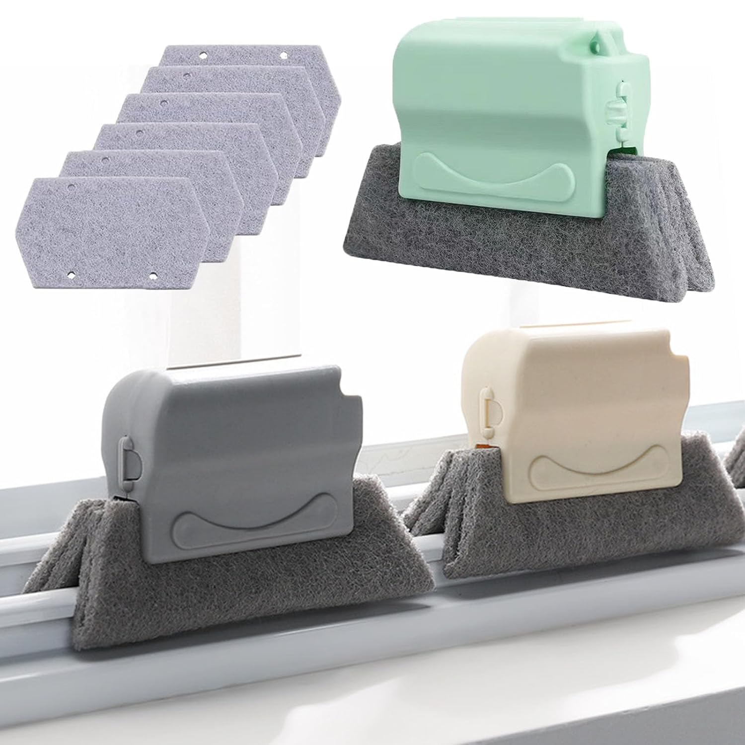 Reinigungsbürsten-set Mit 3 Schlitzen, 6 Ersatzpads, Küchen- Und Badezimmer-eckbürsten, Türbürsten, Grau, Grün, Beige