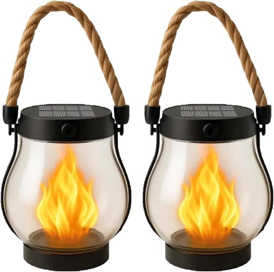 2-teiliges Set Schwarzer 12x13cm Solar-laternen Mit Tanzender Flamme Und Hanfseil, Wasserdichte Hängeleuchten Für Terrasse Und Garten