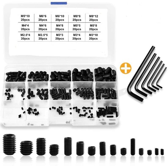 Sortimentsbox - Schrauben - 300 Stück M2,5/m3/m4/m5/m6/m8 Flachkopfschrauben, Mit Sechskantschlüssel (schwarz)
