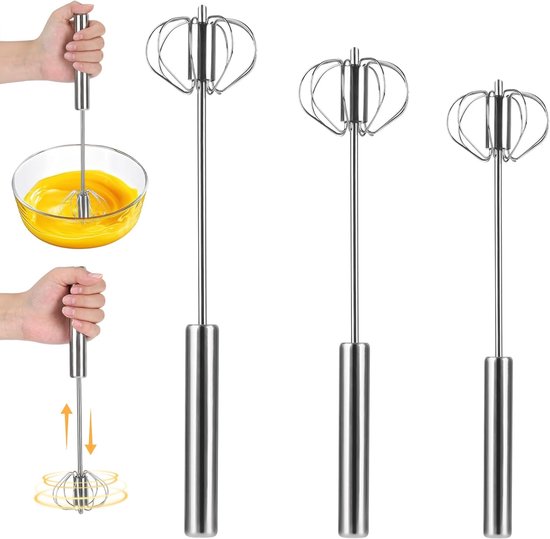 3-teiliges Halbautomatisches Schneebesen-set Aus Edelstahl, Manuelle Rotationsschneebesen Zum Mischen, Schlagen Und Rühren