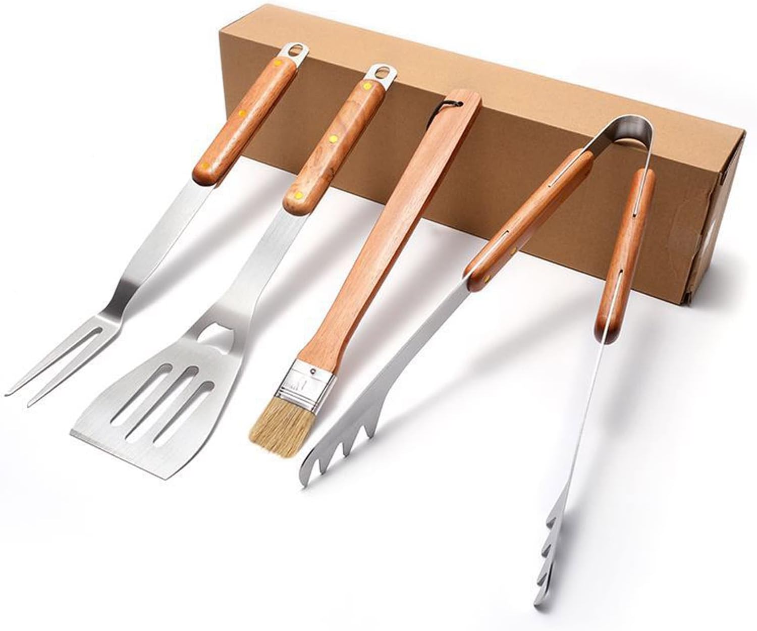 Set Mit 4 Grillutensilien Aus Edelstahl Mit Holzgriffen: Pfannenwender, Gabel, Zange, Küchenhelfer