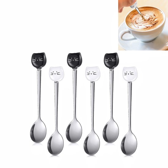 Schwarzer Und Weißer, Langstieliger Kaffee- Und Honiglöffel Aus Edelstahl In Katzenform