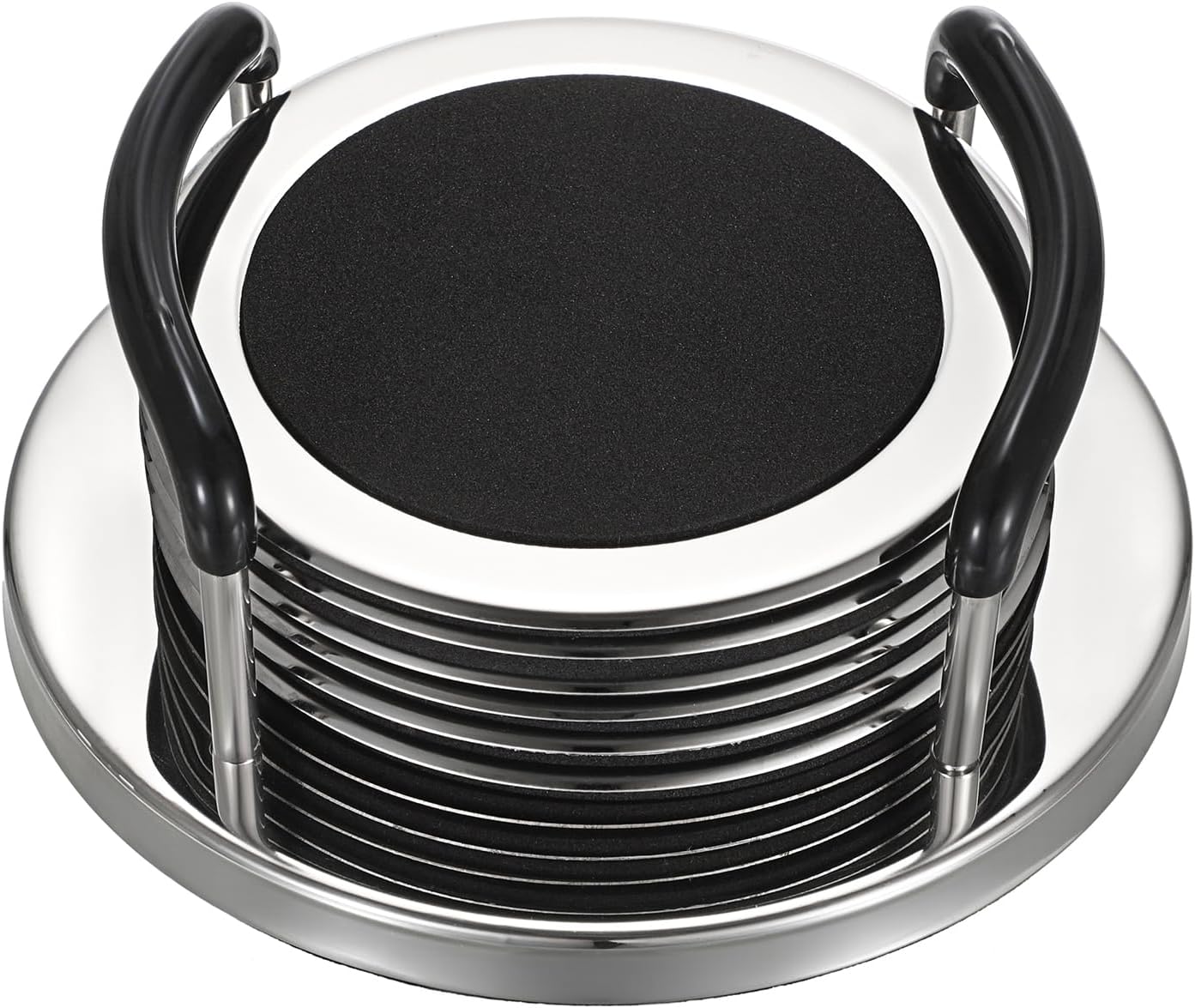 6-teiliges, Stilvolles, Rundes Untersetzer-set Aus Metallisch-silber-schwarzem Edelstahl Mit Ständer