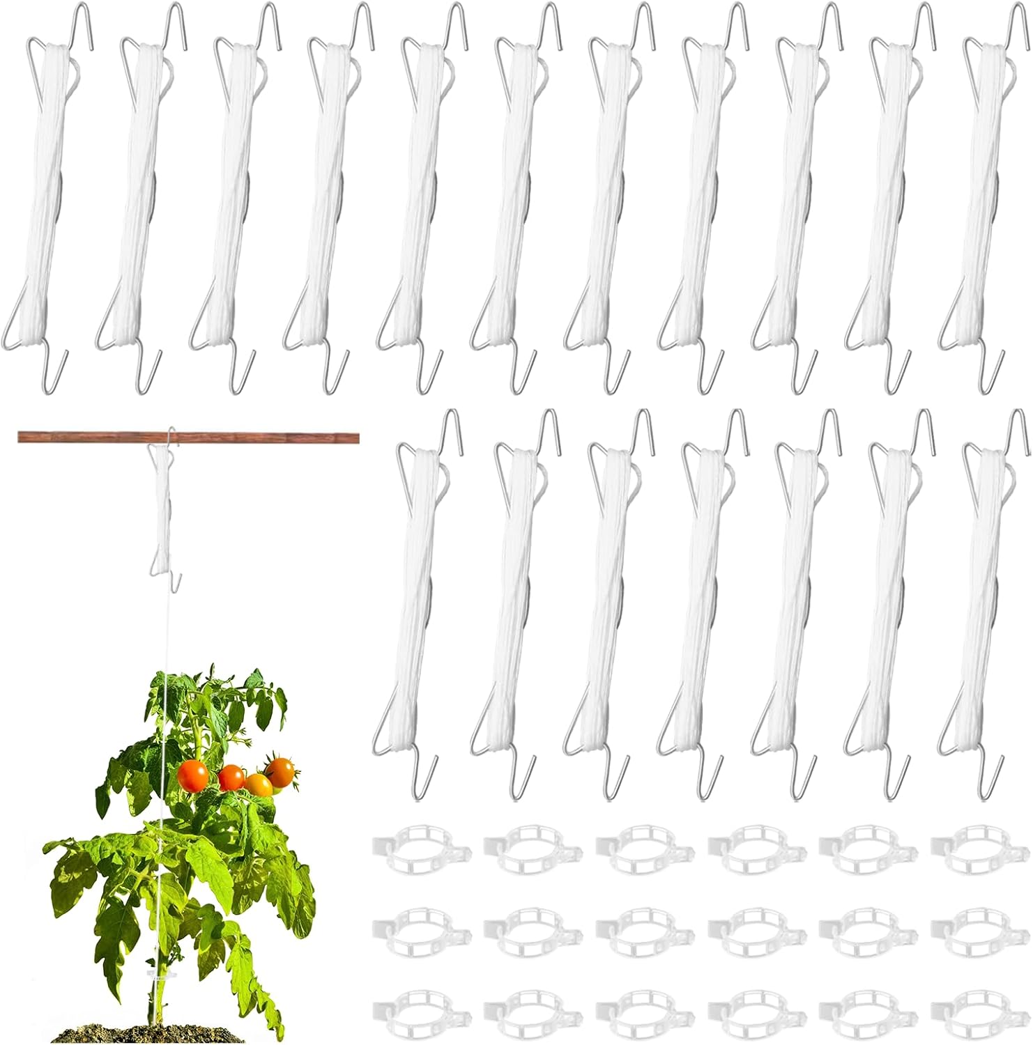 Das Tomatenhaken-set Enthält 18 Tomatenhaken Aus Metall, 18 Pflanzenclips Und Ein 10 Meter Langes Seil.