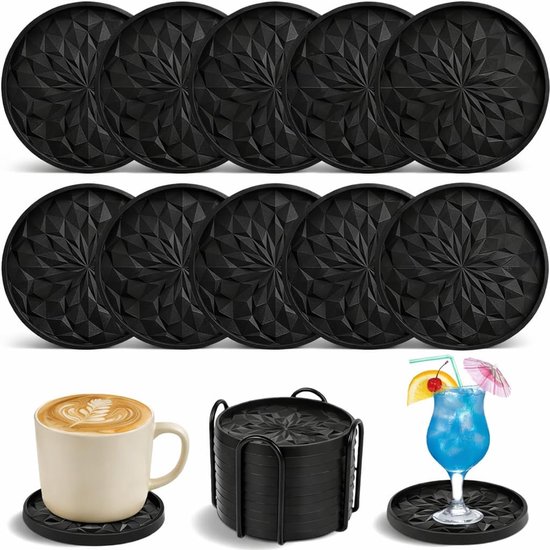 Silikonuntersetzer, 10er-set Für Gläser/tassen, Extra Dick, Rutschfest, Mit Halter, Schwarz