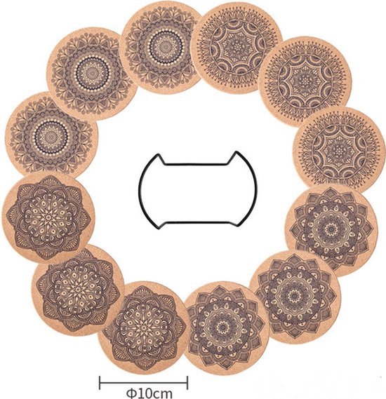 12 Korkuntersetzer Mit Mandala-muster, Auch Als Glashalter Verwendbar – Stilvoller, Natürlicher Schreibtischschutz – Rund – Langlebig – Rutschfest – Hitzebeständig