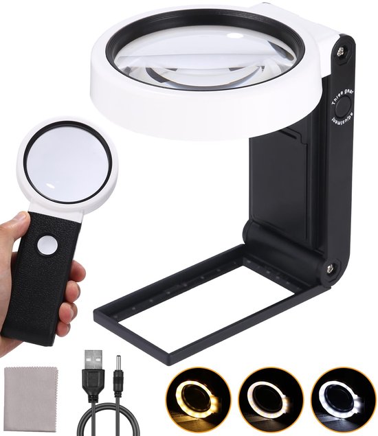 25-fache Led-beleuchtungslupe Mit Licht Und Ständer, Faltbar, 18 Leds, 3 Helligkeitsstufen, Handlich