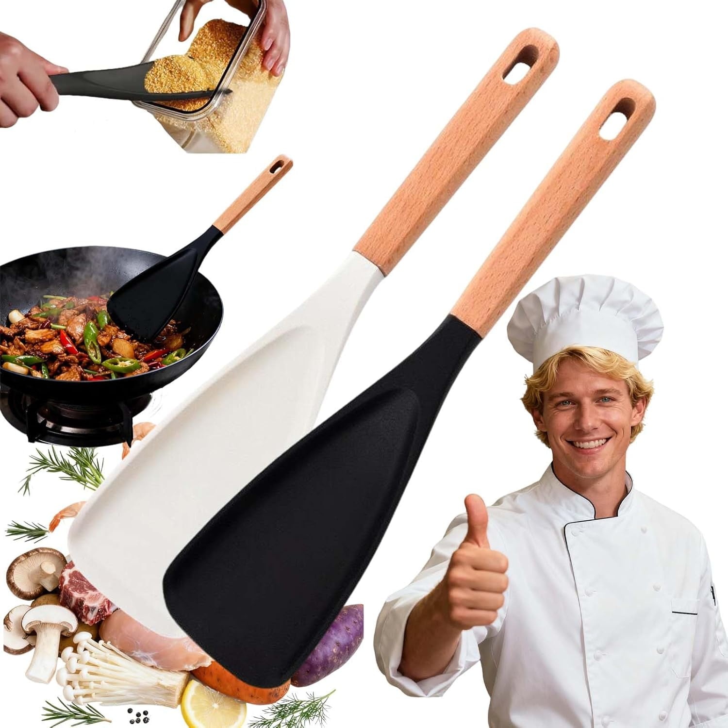 Dieses 2-teilige, Multifunktionale Spatel-/löffel-set Erleichtert Das Umrühren, Schöpfen Und Servieren Von Speisen. Geeignet Für Antihaftbeschichtetes Kochgeschirr.