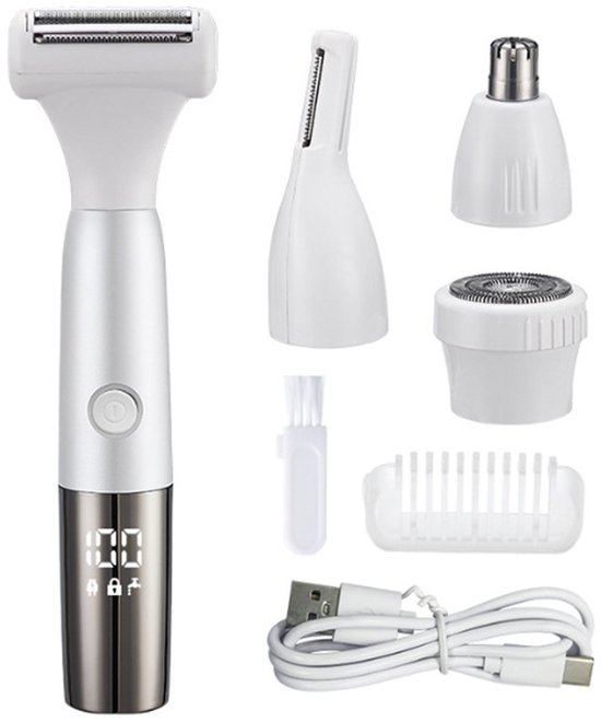 4-in-1 Wiederaufladbares Multifunktions-haarentfernungsset Mit Led-anzeige, Gesichts- Und Körperrasierer Sowie Nasenhaartrimmer, Weiß-silber