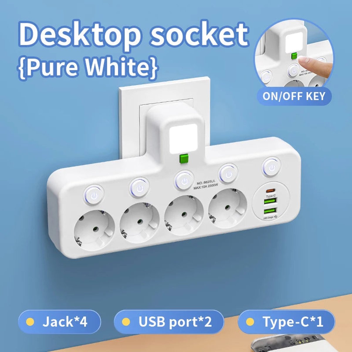 Eu-serie – Mehrfachsteckdose – Mit Usb Typ-c – 4 Steckdosen – Adapter – Für Den Heimgebrauch – 4 Steckdosen – Weiß