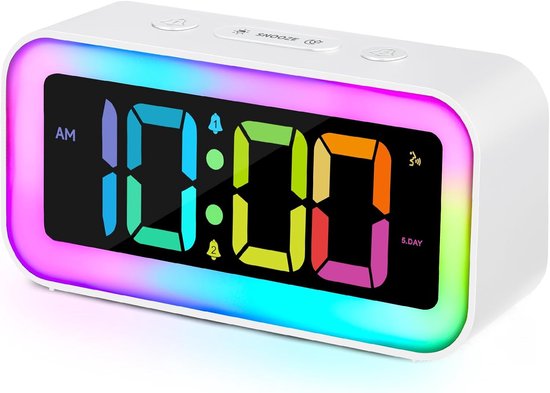 Rgb-nachtlicht-wecker – Dynamische Farbeffekte & Dual-alarm – Für Schüler, Erwachsene & Senioren – Weiß