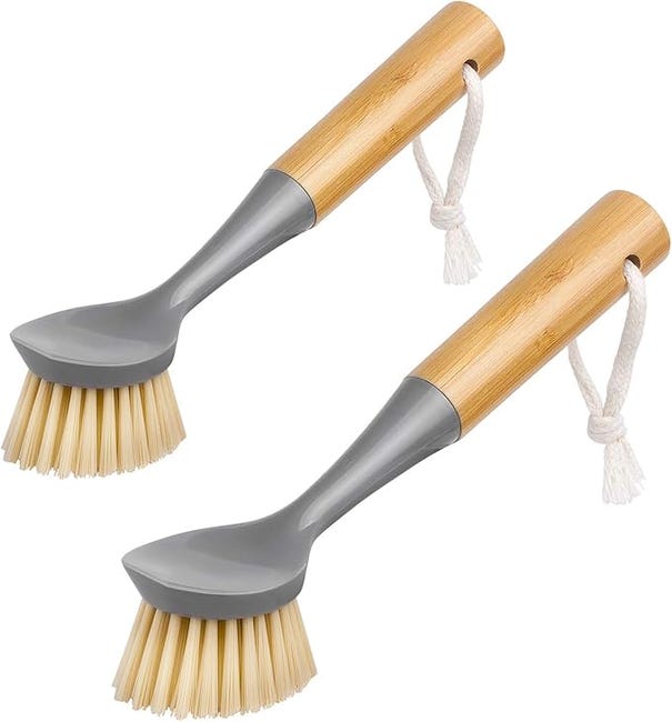 Spülbürste Mit Schaber, Bambusgriff, Scheuerbürste, 2er-pack