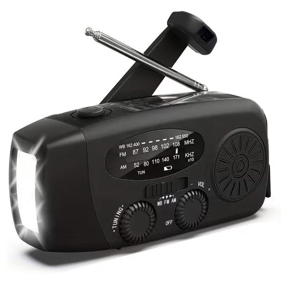 Tragbares Notfallradio, 2000-mah-powerbank, Taschenlampe, Solar-kurbelmechanismus, Schwarz