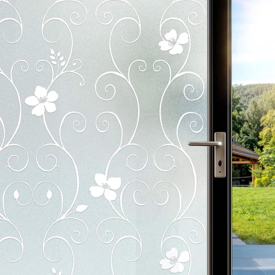 Blickdichte, Selbstklebende Fensterfolie Mit Weißem Blumenmuster, Die Sichtschutz Und Dekoration Vereint.