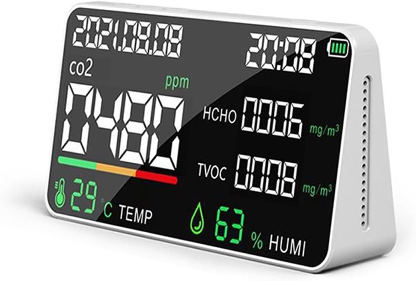 Multifunktionales Luftqualitätsmessgerät Mit Partikelzähler, Co2-, Hcho- Und Tvoc-detektor, Temperatur- Und Feuchtigkeitsanzeige Sowie Datums- Und Zeitanzeige