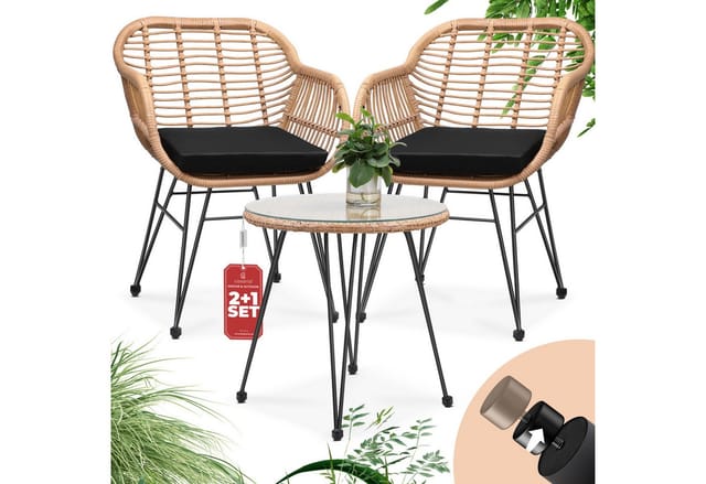 Gartenmöbel Tisch 2 Stühle Auflagen Rattan-Optik 3-teilig Sicherheitsglas Wetterfest Outdoor Klein Terrasse Balkon Bistro Möbel Lounge Set - Casaria