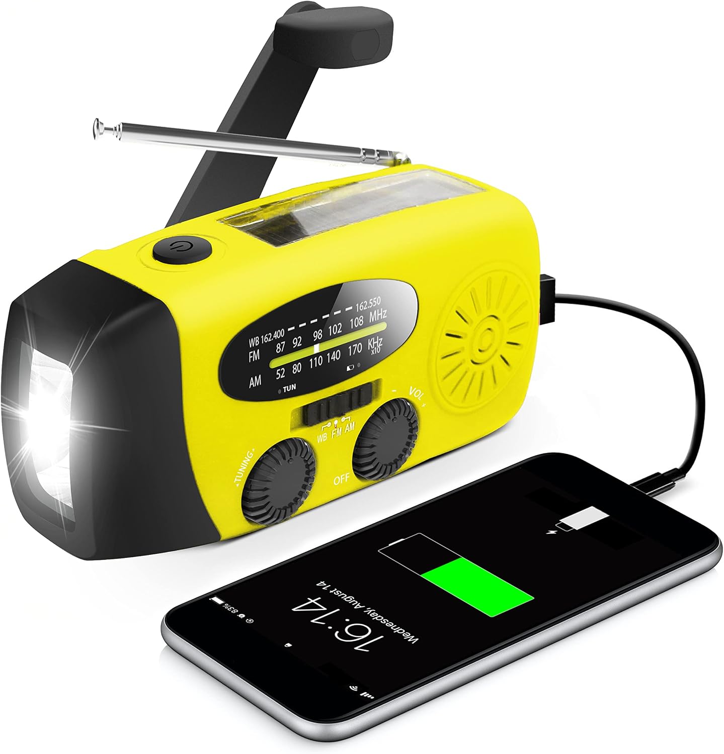 Notfunkgerät Mit Led-taschenlampe – Tragbares Am/fm-wetterradio (2000 Mah) – Ladefunktion Für Mobiltelefone – Usb-ladefunktion Und Solarbetrieb Beim Camping – Reichweite: 2000 M