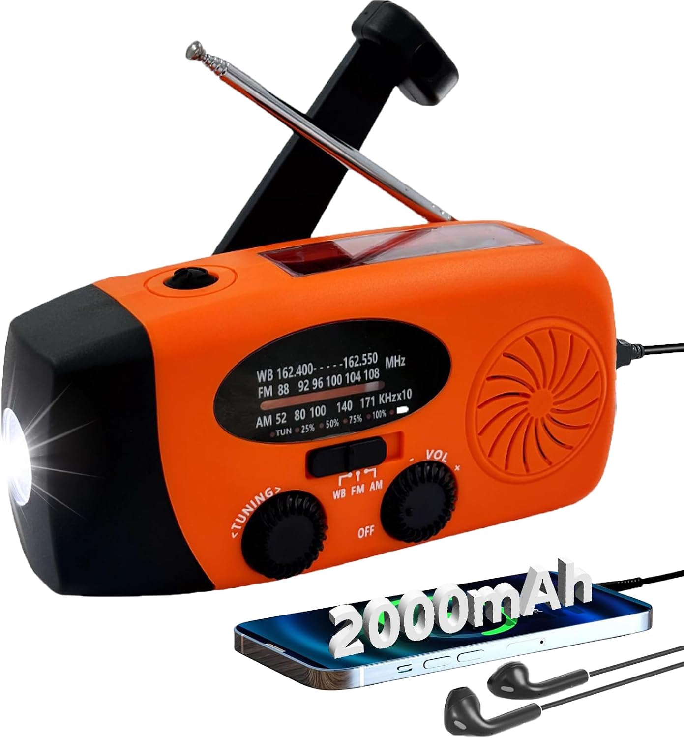Notfallradio Mit Led-taschenlampe – Tragbares Am/fm-wetterradio Mit 2000 Mah Akku – Ladefunktion Für Mobiltelefone – Usb-ladefunktion Und Solarbetrieb Beim Camping – 2000 M