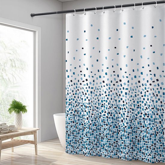 Wasserdichter, Blauer Mosaik-duschvorhang, Unten Beschwert, Mit Haken, 240 X 200 Cm