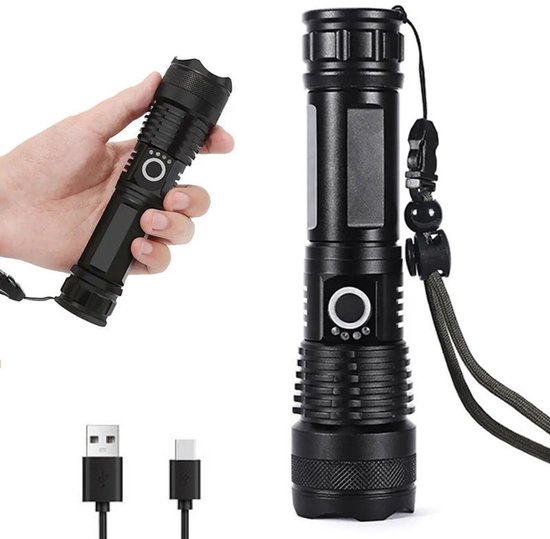 Taschenlampe – Wiederaufladbar – Zoomfunktion – 5 Leuchtmodi – Ip65 Wasserdicht – Notfallset – Schwarz – Batteriebetriebene Taschenlampe – Kindertaschenlampe