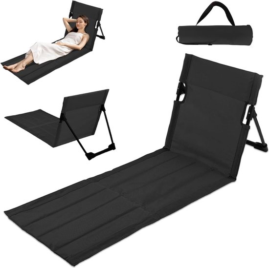 Faltbare Strandmatte Mit Rückenlehne, Leichter Strandstuhl Mit Verlängerter Sitzfläche, Geeignet Für Camping, Picknicks Und Gartenarbeit, Schwarz.