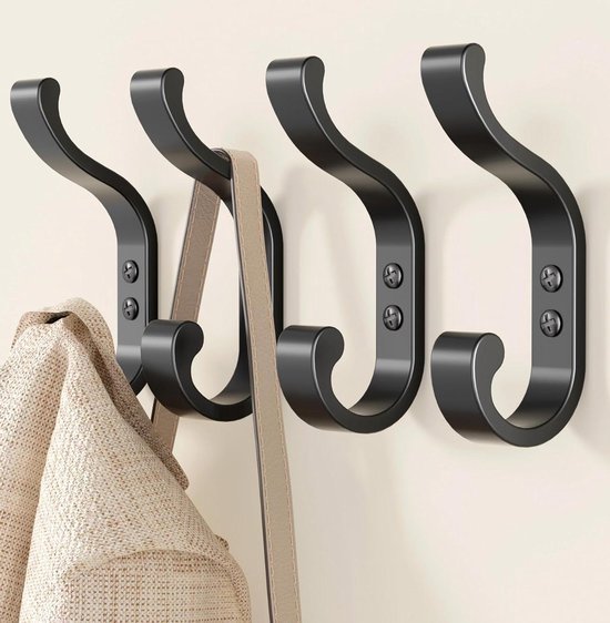 Hakenset – Wandgarderobe – Kleideraufbewahrung – Doppelhaken Aus Edelstahl – 4-teiliges Set – Schwarz