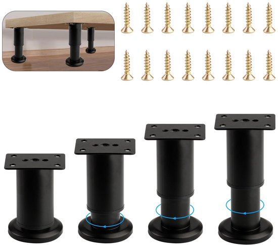 - Verstellbare Möbelfüße - 4-teiliges Set - Edelstahl - Schwarze Metallfüße - Höhe 80-120 Mm - Rutschfeste Pads