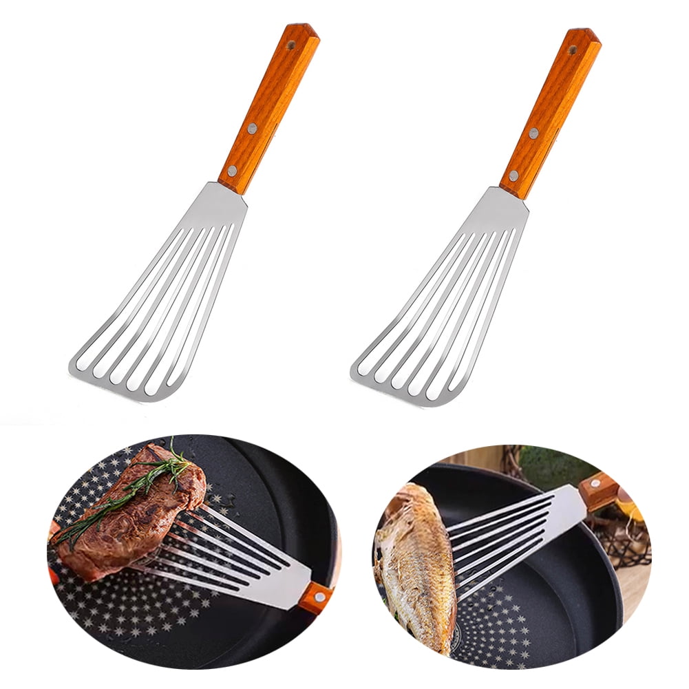 2-teiliges Set Bestehend Aus Einem Fischwender Mit Holzgriff, Einem Großen, Geschlitzten Edelstahlwender Für Schwere Beanspruchung, Einem Antihaftbeschichteten Bratwender Sowie Einem Steak- Und Kekswe