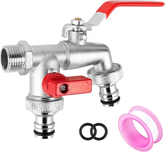 Doppelauslauf-außenwasserhahn, 1/2 Zoll – Messing – Mit Zwei 3/4-zoll-ausläufen – Rost- Und Frostbeständig – Rot