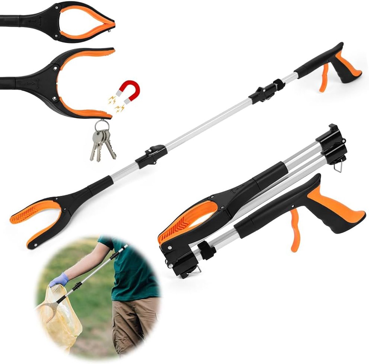 Greifer Mit Magnet – Orange – Faltbarer Greifer – Drehbarer Greifkopf – Langlebiger Greifarm – Greifhilfe Aus Aluminium – Greifstock