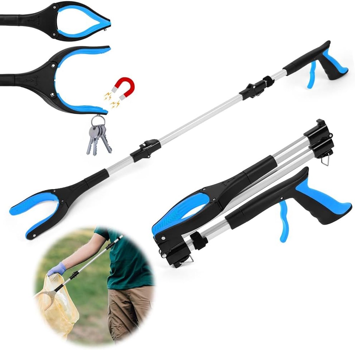 Greifer Mit Magnet – Blau – Faltbarer Greifer – Drehbarer Greifkopf – Langlebiger Greifarm – Greifhilfe Aus Aluminium – Greifstab