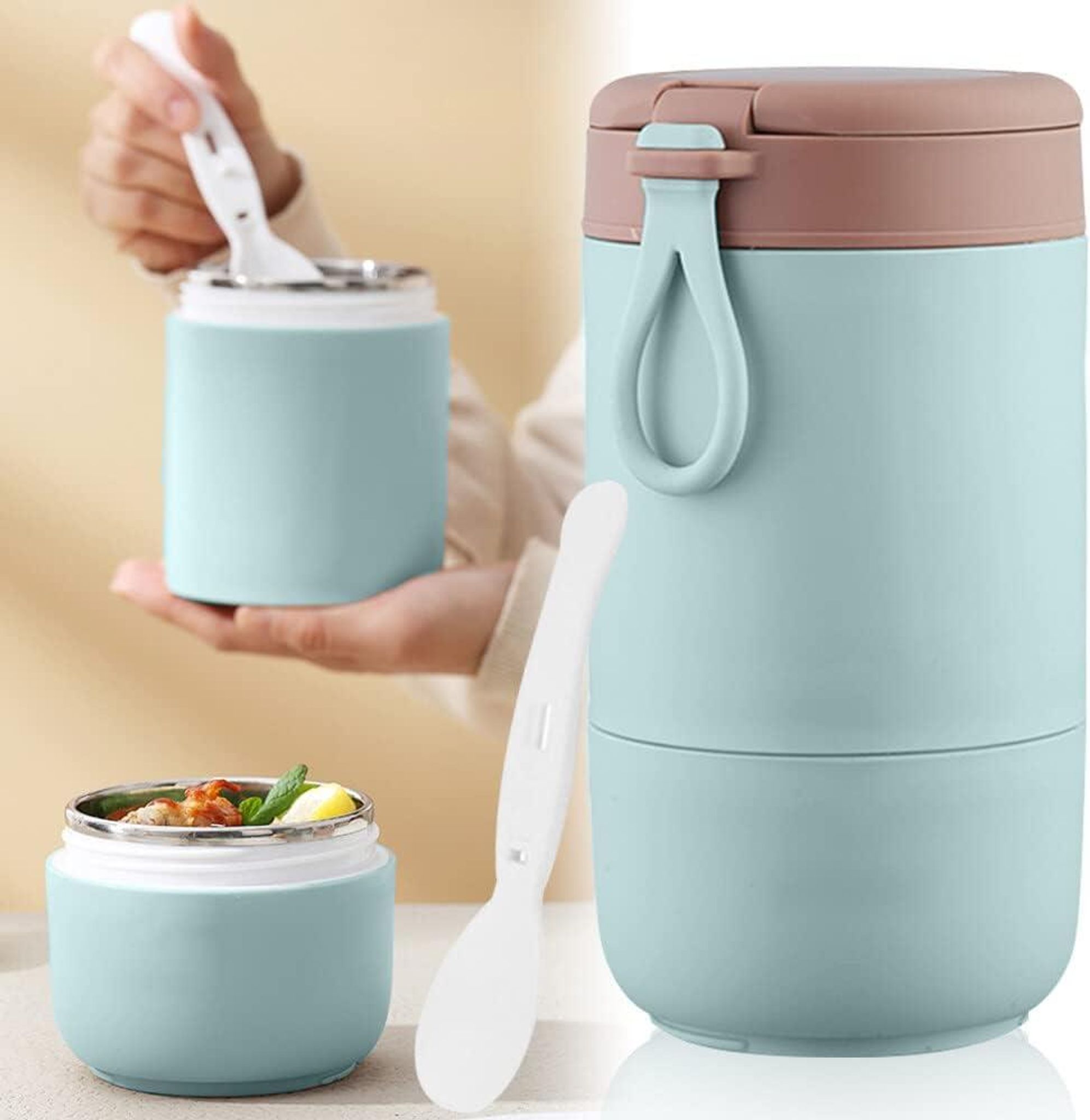 Isolierbecher Aus Edelstahl 304, Doppelwandig, Frühstücksbecher Mit Löffel, Geeignet Für Studenten Und Reisende, 800 Ml, Bpa-frei, Auslaufsicher, Blau.