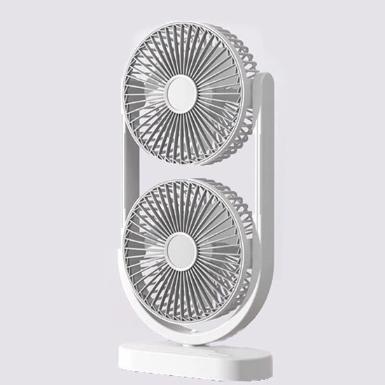 Tischventilator Mit Zwei Ventilatorköpfen, Wiederaufladbar, Leise, Usb-betrieben, 17,5 X 8,2 X 36 Cm, Weiß, Für Büros, Schlafzimmer Und Schreibtische