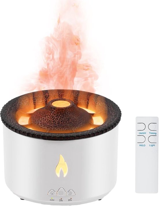 Flammen-aroma-diffusor, Luftbefeuchter, Vulkan-design, 300 Ml, Mit Timer/lichtwechsel/nachtlicht Und Fernbedienung – Weiß/cracked